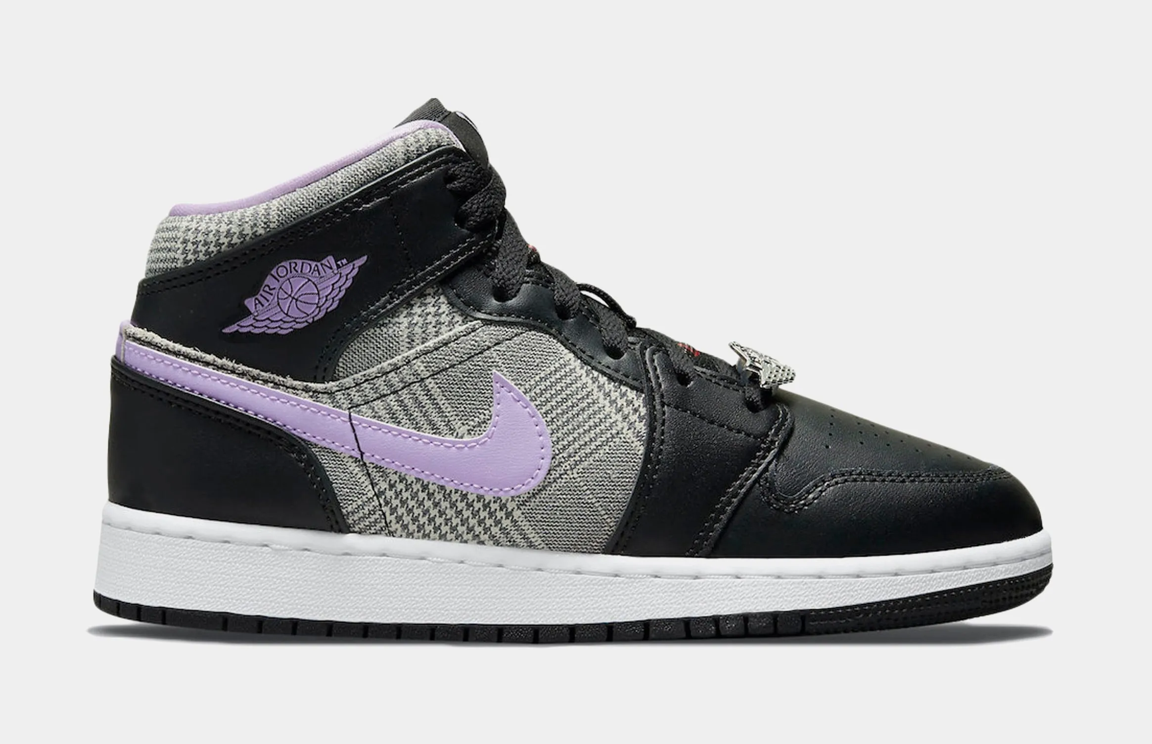 Air Jordan 1 Mid Houndstooth Grade School Lifestyle Shoes (Black/Lilac) Free Shipping