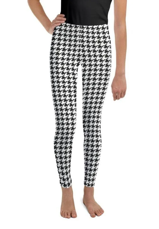 Black & White Houndstooth Print Youth Leggings