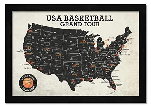 Framed Basketball Stadium Map - Features All Professional Basketball Teams & Stadiums - Includes 35 Red Push Pins