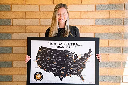 Framed Basketball Stadium Map - Features All Professional Basketball Teams & Stadiums - Includes 35 Red Push Pins