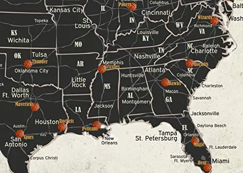Framed Basketball Stadium Map - Features All Professional Basketball Teams & Stadiums - Includes 35 Red Push Pins