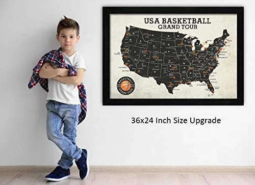 Framed Basketball Stadium Map - Features All Professional Basketball Teams & Stadiums - Includes 35 Red Push Pins