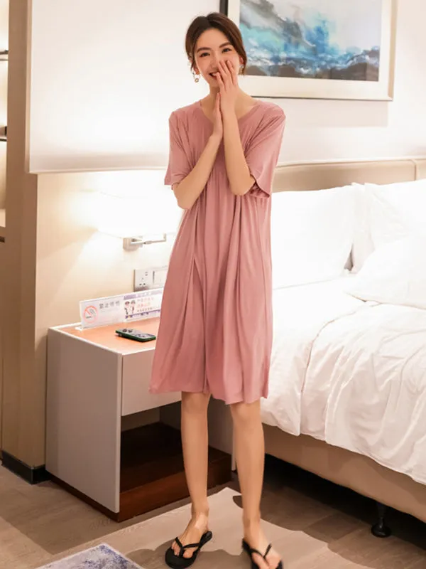 Loose Solid Color Pleated Modal Pajamas Dress