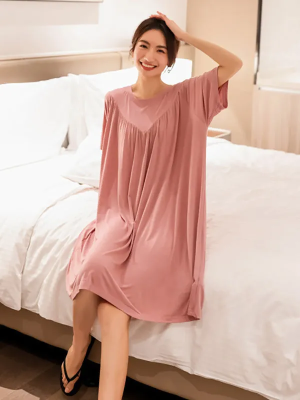 Loose Solid Color Pleated Modal Pajamas Dress