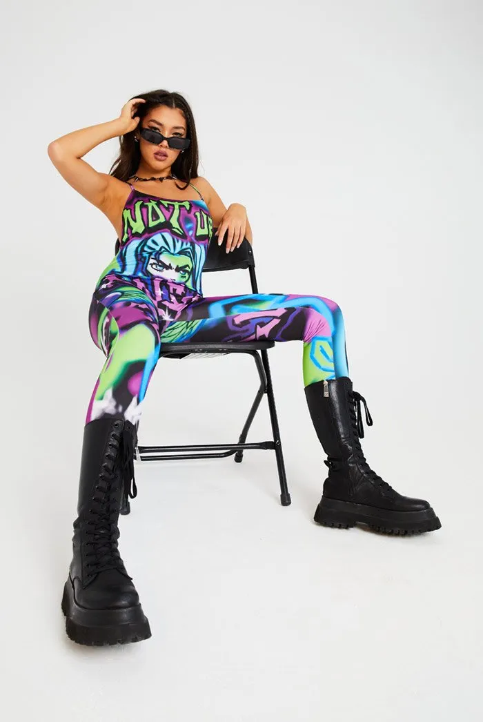 Not Your Angel Graffiti Print Square Neck Catsuit