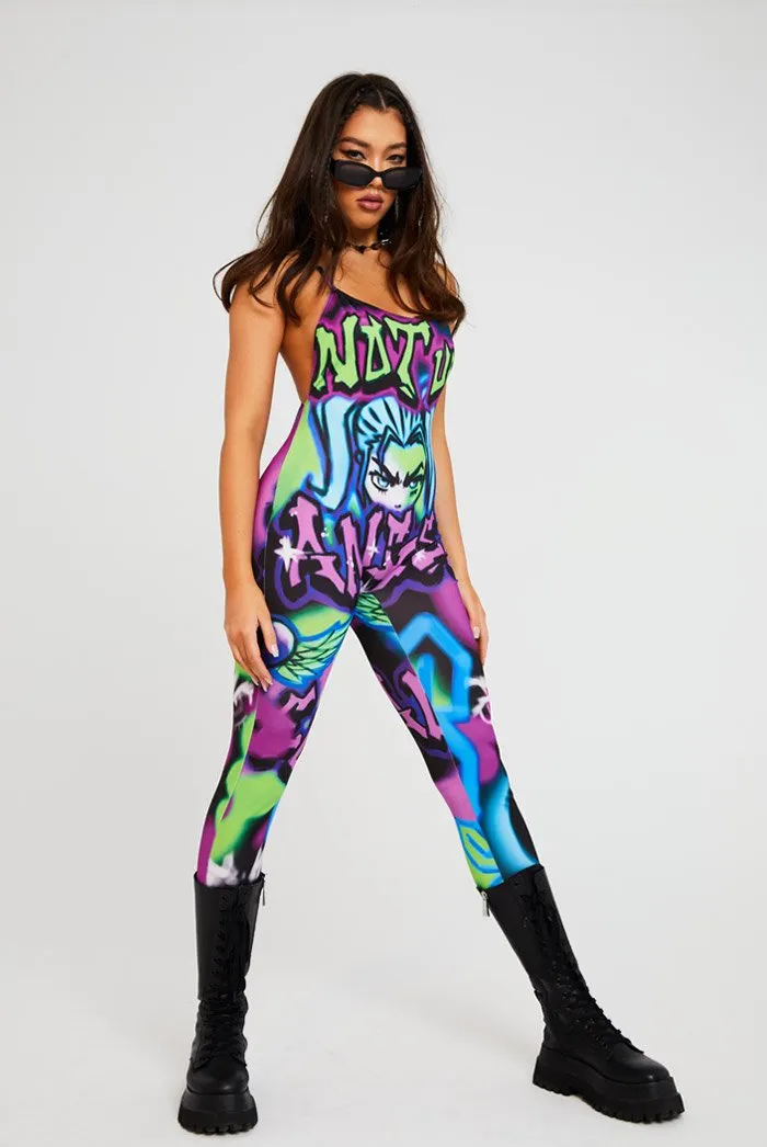 Not Your Angel Graffiti Print Square Neck Catsuit