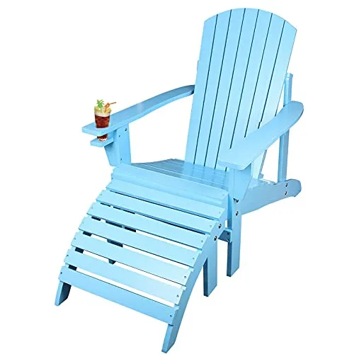 Outdoor Adirondack Chair with Ottoman Set, Wooden Oversized Patio Chair, Outdoor Lounger Lawn Chair All-Weather Lounge Chair Outdoor Seating for Fire Pit & Garden Lawn Beach