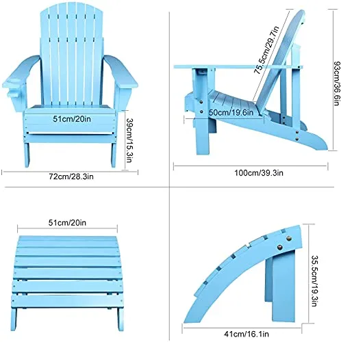 Outdoor Adirondack Chair with Ottoman Set, Wooden Oversized Patio Chair, Outdoor Lounger Lawn Chair All-Weather Lounge Chair Outdoor Seating for Fire Pit & Garden Lawn Beach