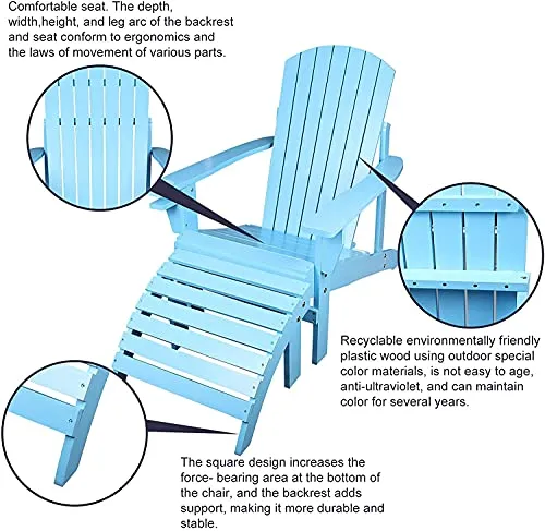 Outdoor Adirondack Chair with Ottoman Set, Wooden Oversized Patio Chair, Outdoor Lounger Lawn Chair All-Weather Lounge Chair Outdoor Seating for Fire Pit & Garden Lawn Beach