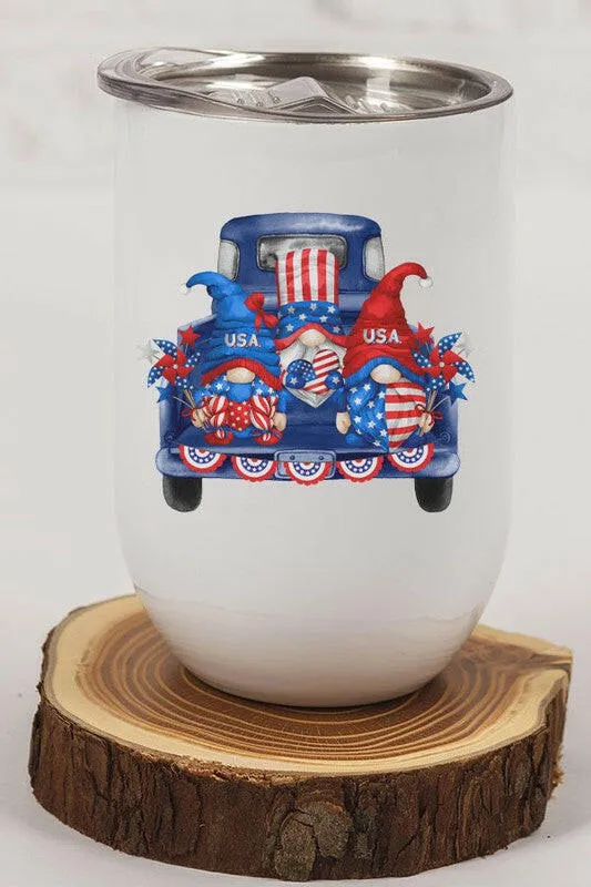 Patriotic 3 Gnomes Blue Truck Wine Cup Tumbler