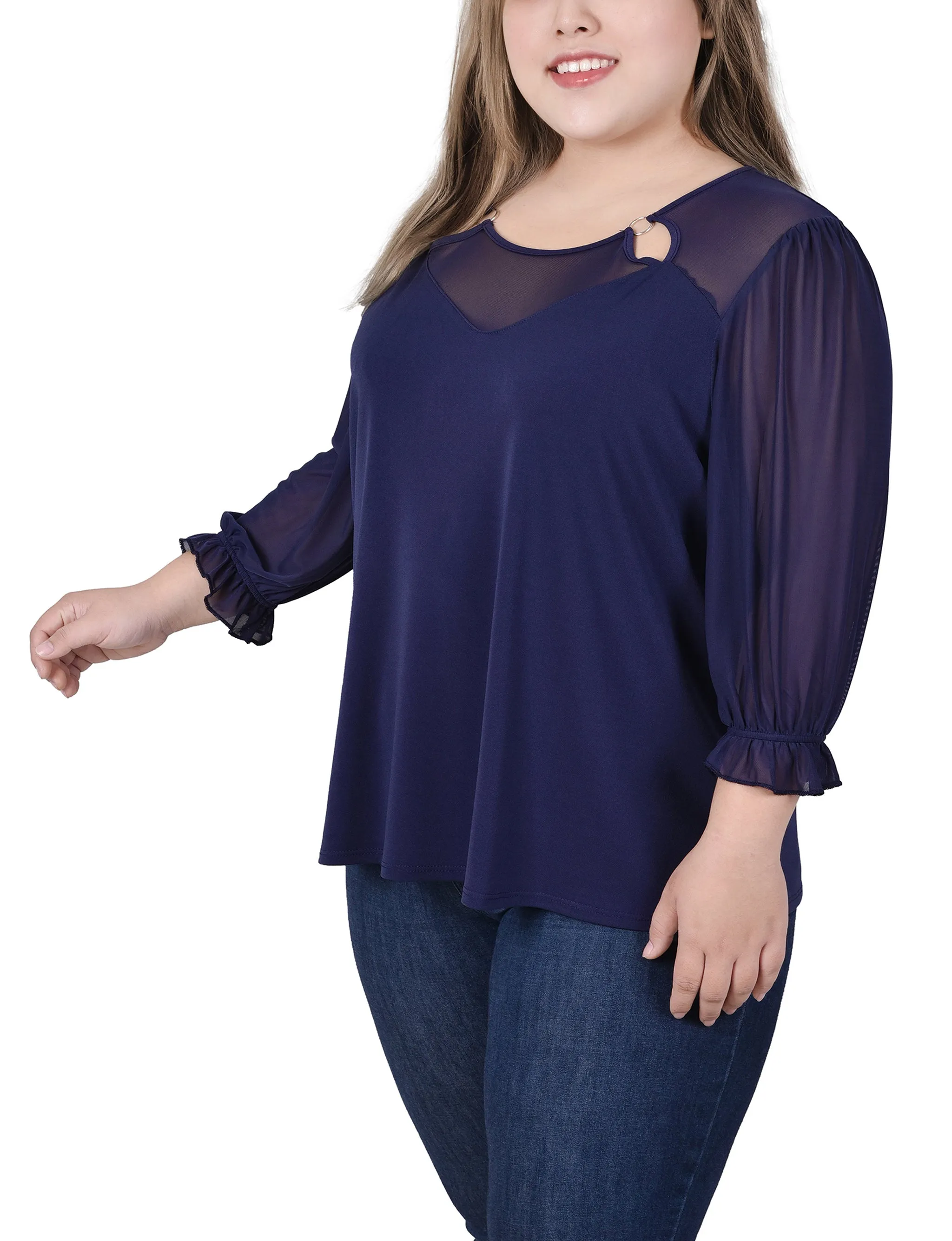 Plus Size 3/4 Sleeve Ringed Top With Mesh