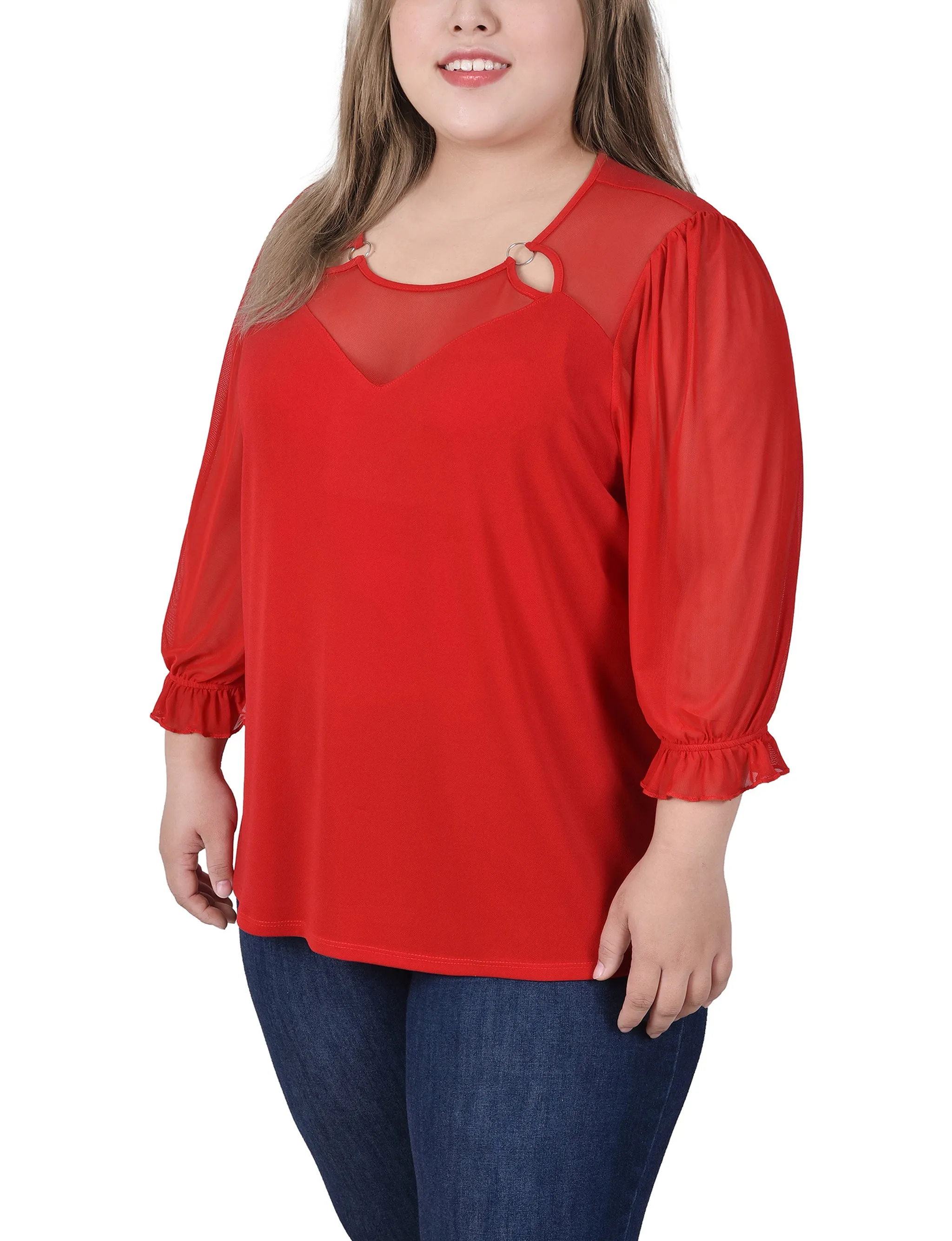 Plus Size 3/4 Sleeve Ringed Top With Mesh